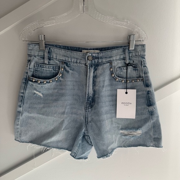 Hidden Jeans Pearl Embellished Medium Wash Shorts Blue Denim high rise size S - Picture 5 of 11